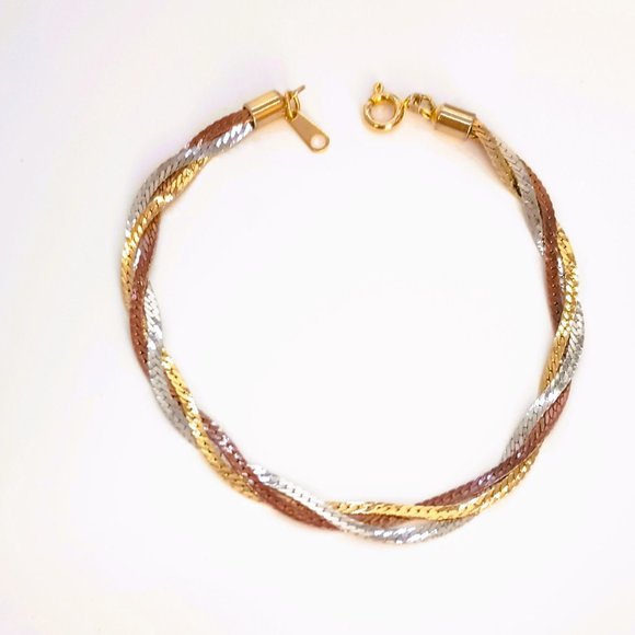 Triple Strand Tri-Tone Bracelet 8" Twisted Serpentine Infinity Bracelet - Picture 2 of 6